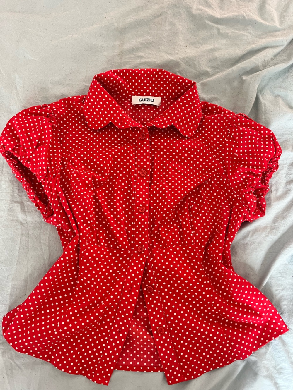 Danielle Guizio Red White Polka Dot Button-Up Top